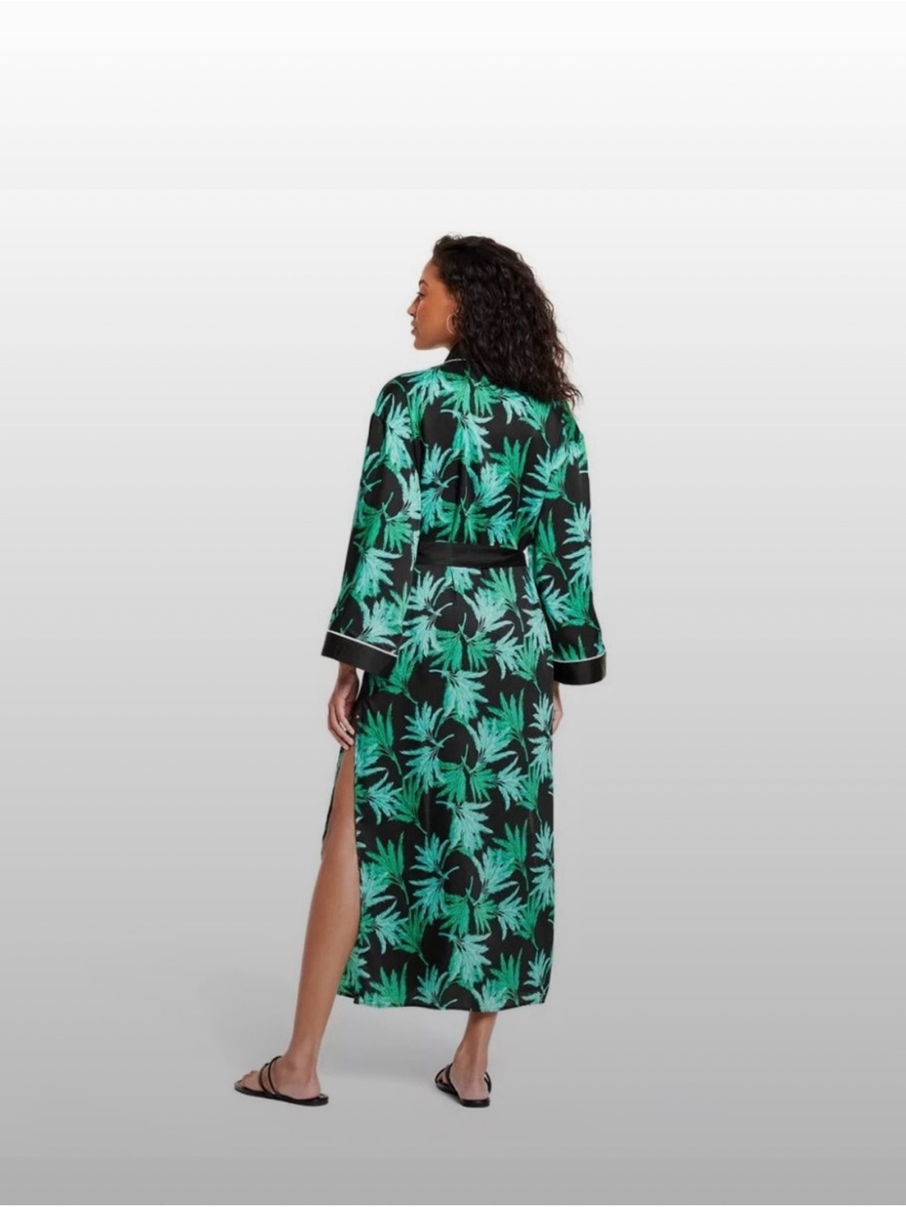 Fe Noel Black Maxi Robe with Green Palm Print